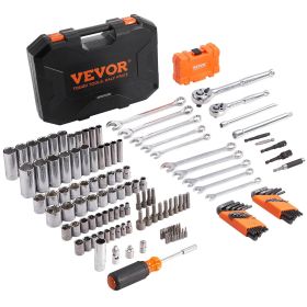 VEVOR Mechanics Tool Set and Socket Set, 1/4" and 3/8" Drive Deep and Standard Sockets, 145 Pcs SAE and Metric Mechanic Tool Kit with Bits