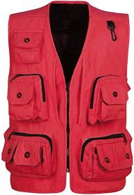 Men's Casual Multi Pocket Cargo Vest Outdoor Work Fishing Vest Jacket (size: RED-M)