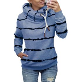 New Women's Striped Printed High-Neck Hooded Fleece Striped Sweater (Color: Blue, size: XL)