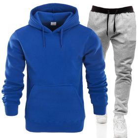 Autumn and winter men's pullover plush hoodie sweater suit solid casual sports suit (Color: Blue, size: XL)