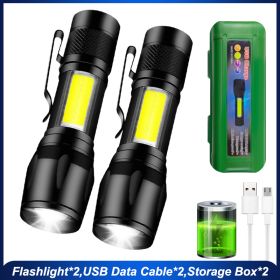 Mini Led Flashlight With Storage Box Portable Rechargeable Zoom (Emitting Color: 2pcs, Ships From: China)