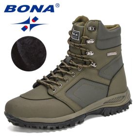 BONA New Designers Action Leather Winter Ankle Boots Men Tactical Plush (Color: Army green S gray, size: 8)