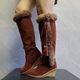 Winter Plush Long Boots For Women Combat Boots Wedges Shoes (Color: Dark Brown, size: Size43)